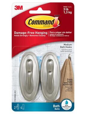 Command Traditional Plastic Bath Hooks Value Pack, Medium, Brushed Nickel